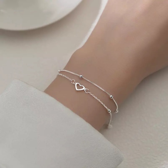 Jewelry - 925 Sterling Silver Double Layer Bracelet Heart For Women Sweet Chain St…